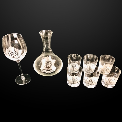 116 - Boxed New Heavily engraved Crystal Cut Glasses, Wine Glass and Carafe featuring the Royal Military P... 