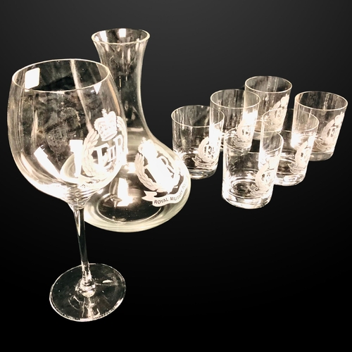 116 - Boxed New Heavily engraved Crystal Cut Glasses, Wine Glass and Carafe featuring the Royal Military P... 