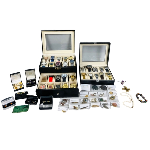 123 - Collection of 29 Watches, boxed cufflinks and other bagged jewellery items.