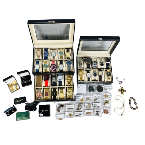 123 - Collection of 29 Watches, boxed cufflinks and other bagged jewellery items.