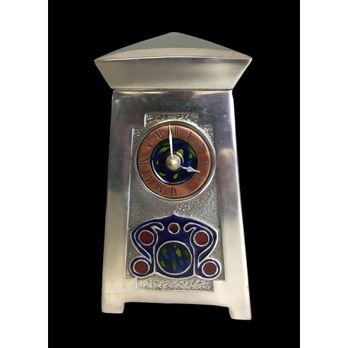 414 - A.E Williams Art Nouveau enameled Mantel Clock in the Style of Achibold Knox. Pewter original box an... 