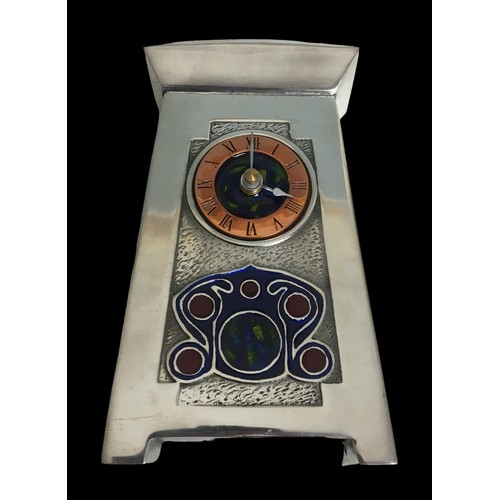 414 - A.E Williams Art Nouveau enameled Mantel Clock in the Style of Achibold Knox. Pewter original box an... 