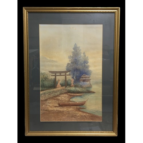 424 - Oriental Watercolour Signed K.Inouye. Lakeside scene with boats and Pagoda.Height  60cmWidth 44cm... 