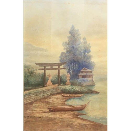 424 - Oriental Watercolour Signed K.Inouye. Lakeside scene with boats and Pagoda.Height  60cmWidth 44cm... 