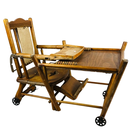 174 - Antique Childs Feeding Chair and Table incorporated Abacus to the tray section. Cast Metal wheels et... 