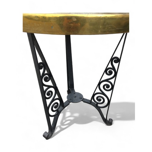 433 - Mid Century Wrought iron Based Brass topped table Circular Pub table in the Arts and Crafts Manner.H... 