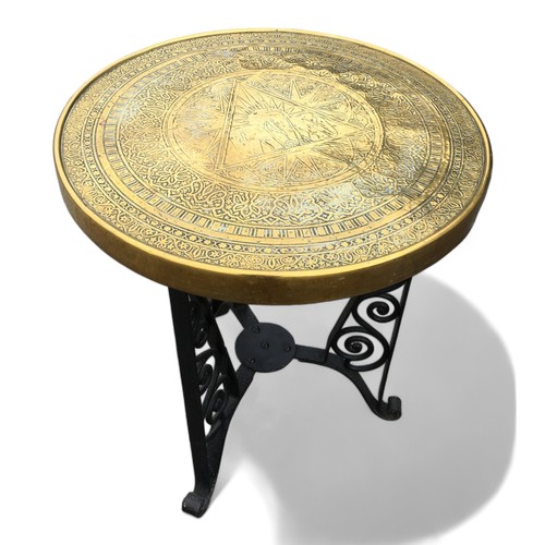 433 - Mid Century Wrought iron Based Brass topped table Circular Pub table in the Arts and Crafts Manner.H... 