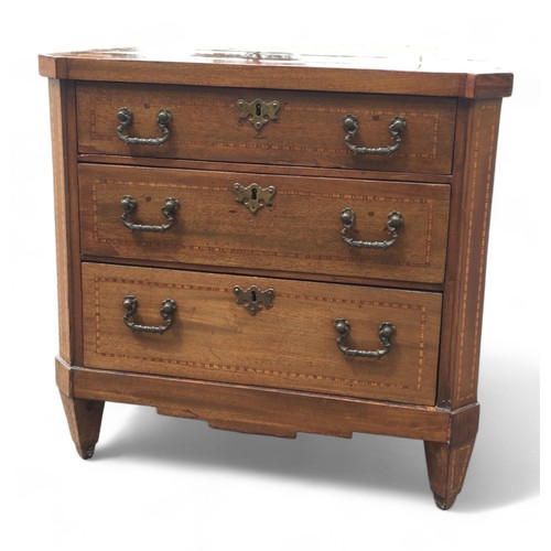 434 - Apprentice Piece Early Victorian 3 Drawer Chest. Having Boxwood and Ebony Inlay, Tapered Inlaid Legs... 