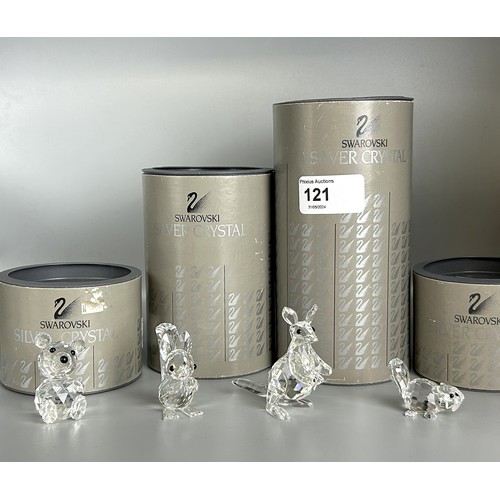 121 - Four boxed Swarovski silver crystal animals. Including Teddy bear, Kangaroo, Squirrel and Beaver.