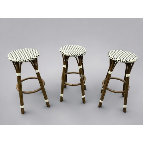 442 - A set of four Retro Faux Bamboo Steel and Ratan Style Bar Stools. Get your funk on!Height 80cmDia 36... 