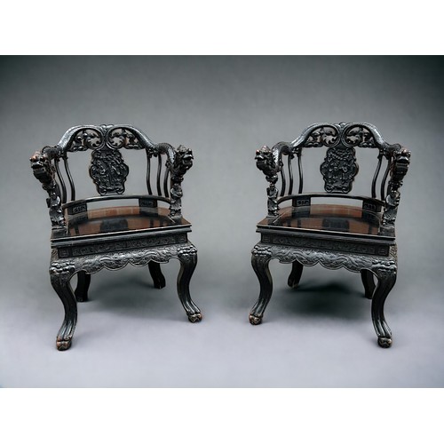 3 - Pair of Late Qing/19th Century Carved Chinese Dragon Chairs. Having carved Dragon top rails and Bat ... 