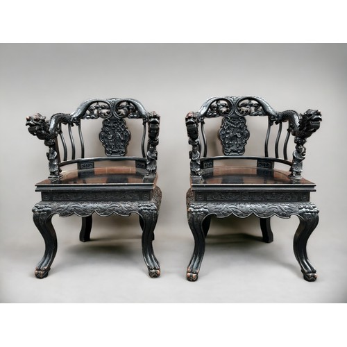 3 - Pair of Late Qing/19th Century Carved Chinese Dragon Chairs. Having carved Dragon top rails and Bat ... 