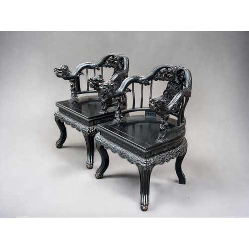 3 - Pair of Late Qing/19th Century Carved Chinese Dragon Chairs. Having carved Dragon top rails and Bat ... 