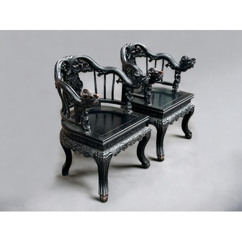 3 - Pair of Late Qing/19th Century Carved Chinese Dragon Chairs. Having carved Dragon top rails and Bat ... 