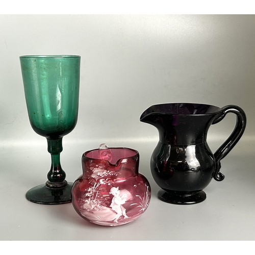 453 - A collection of 19th century glass. Including Mary Gregory style milk jug, Bristol green wine glass ... 