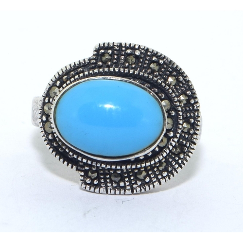 283 - 925 silver ladies Turquoise and Marcasite ring size K 