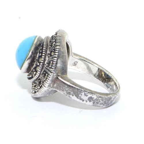 283 - 925 silver ladies Turquoise and Marcasite ring size K 