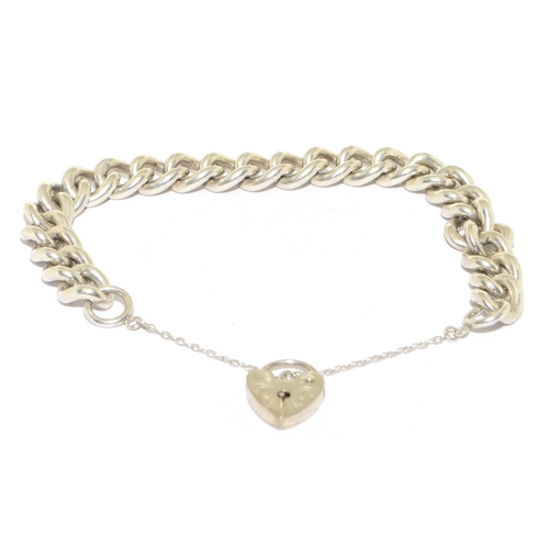 284 - 925 silver heavy bracelet with heart lock and safety chain 38g