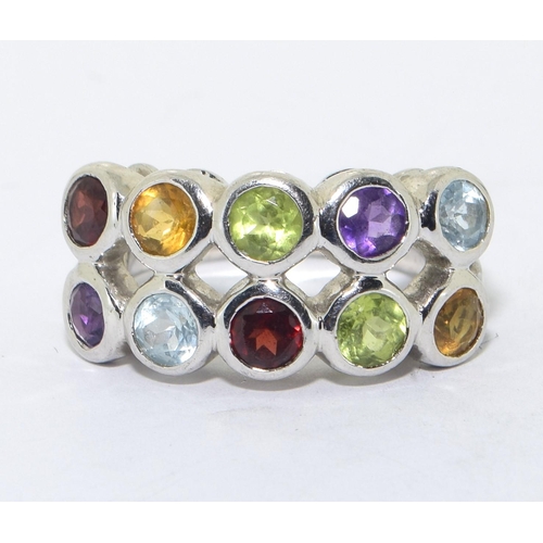 290 - 925 silver 2 band multi colour semi precious stone ring size N