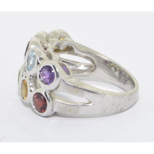 290 - 925 silver 2 band multi colour semi precious stone ring size N