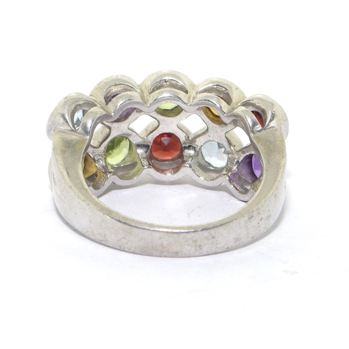 290 - 925 silver 2 band multi colour semi precious stone ring size N