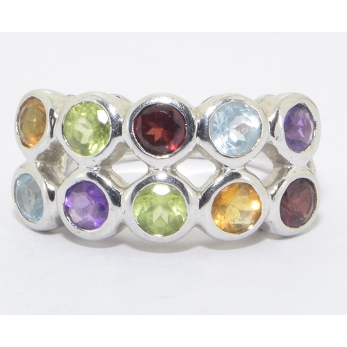 290 - 925 silver 2 band multi colour semi precious stone ring size N