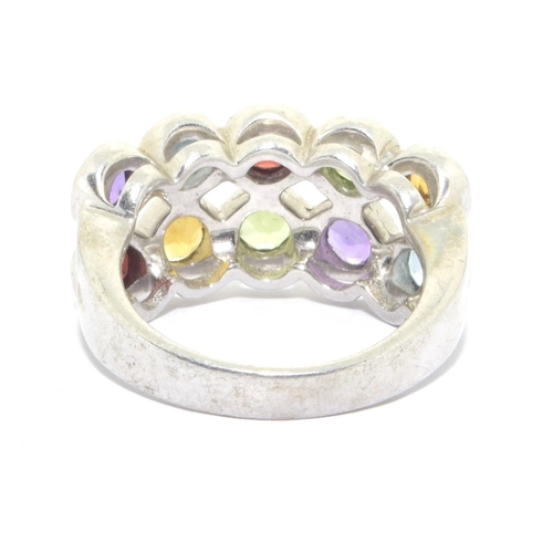 290 - 925 silver 2 band multi colour semi precious stone ring size N