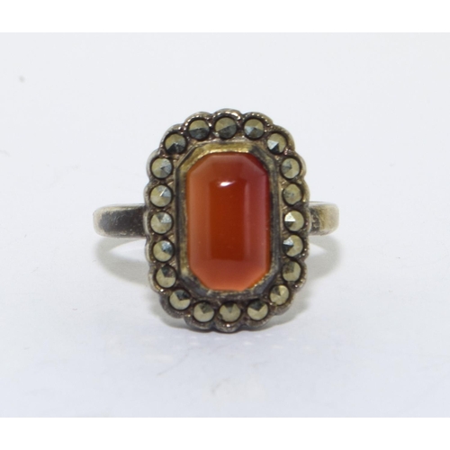 293 - 925 silver vintage Cornelian centre halo design rings size O