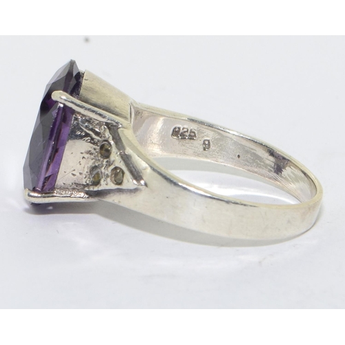 294 - 925 silver ladies large Amethyst oval solitaire cocktail ring size S