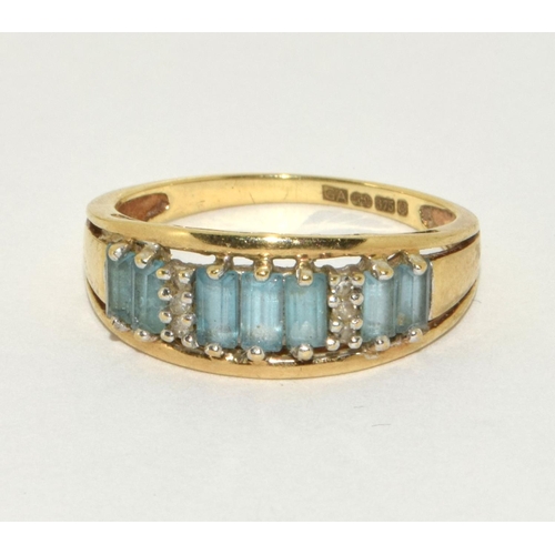 302 - 9ct gold ladies Diamond and aquamarine 1/2 Eternity ring Hall marked  as diamond in ring size P