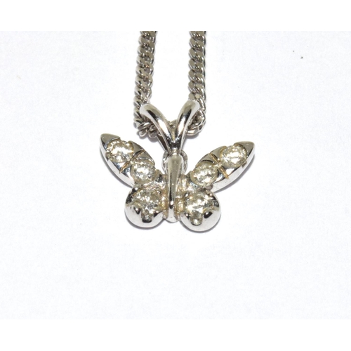 317 - 9ct white gold Diamond set Butterfly pendant necklace chain length 52cm