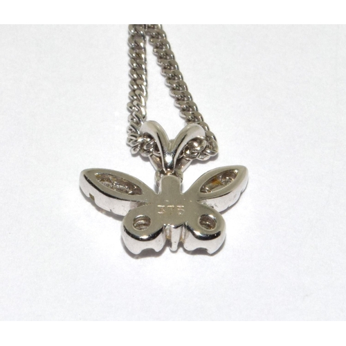 317 - 9ct white gold Diamond set Butterfly pendant necklace chain length 52cm