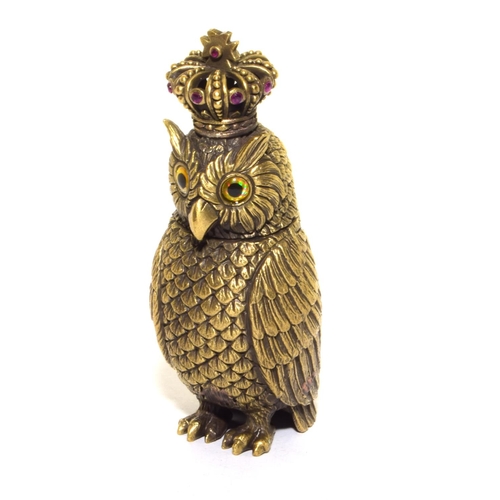 291 - Brass vesta case in the form of an owl wearing a crown