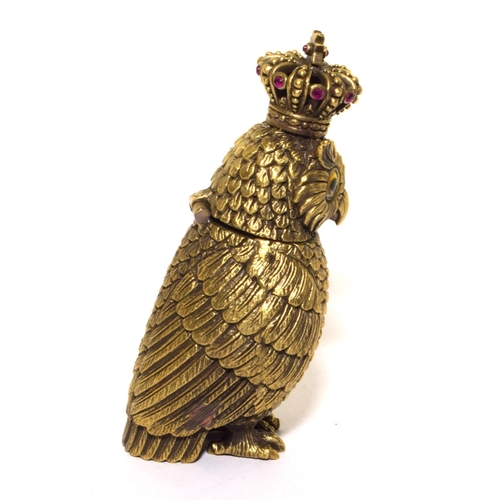 291 - Brass vesta case in the form of an owl wearing a crown