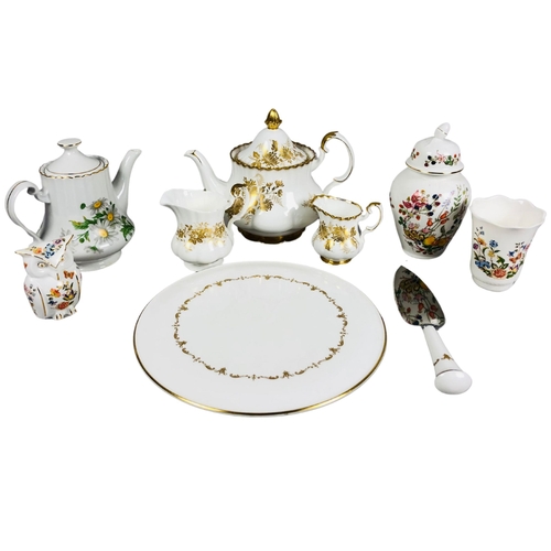 10 - Royal Albert 'Antoinette' Teapot, sugar and cream jug together with cake plate, and other porcelain ... 