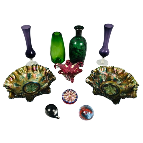 18 - Variety of glass items to include Carnival Glass Dishes, studio glass and 3 paperweights.