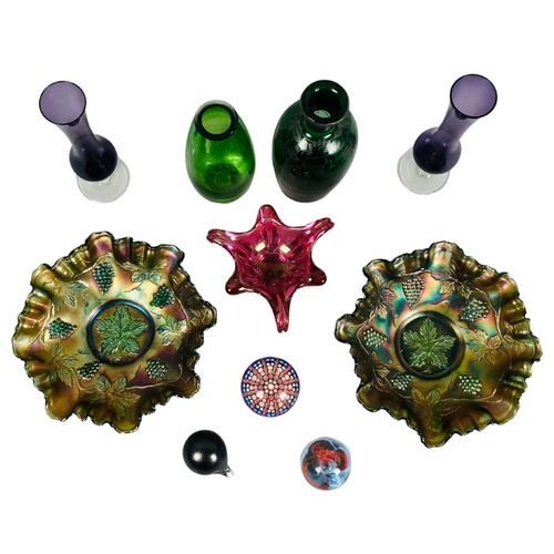 18 - Variety of glass items to include Carnival Glass Dishes, studio glass and 3 paperweights.