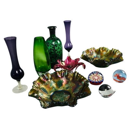 18 - Variety of glass items to include Carnival Glass Dishes, studio glass and 3 paperweights.