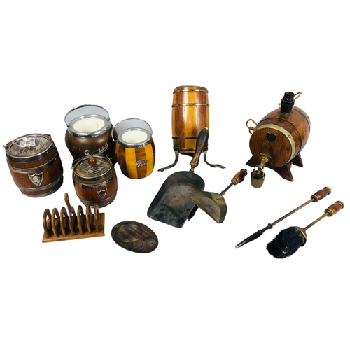 21 - Collection of Small coopered barrels in the form of tobacco jars, and a lamp together with fire iron... 