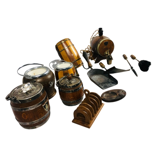 21 - Collection of Small coopered barrels in the form of tobacco jars, and a lamp together with fire iron... 