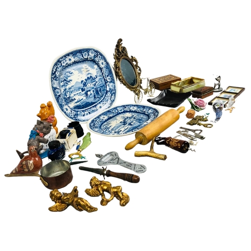 27 - Collection of of corkscrews, 2 meat platter and a copper pan together with various other items.