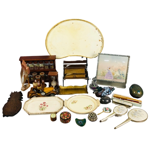 37 - A selection of items to include dressing table pieces, trays, egg timers, spice rack and writing box... 