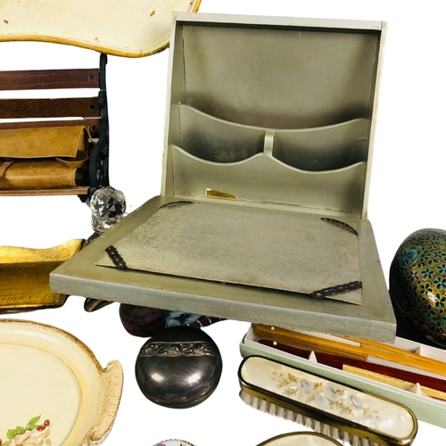 37 - A selection of items to include dressing table pieces, trays, egg timers, spice rack and writing box... 