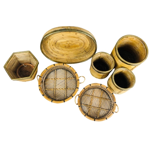 38 - Collection of bamboo containers together with 2 baskets.