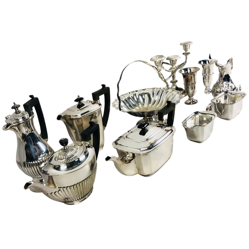 39 - Quantity of Silver Plate to include a very nice teapot, creamer and sugar set, cake basket, tea/coff... 