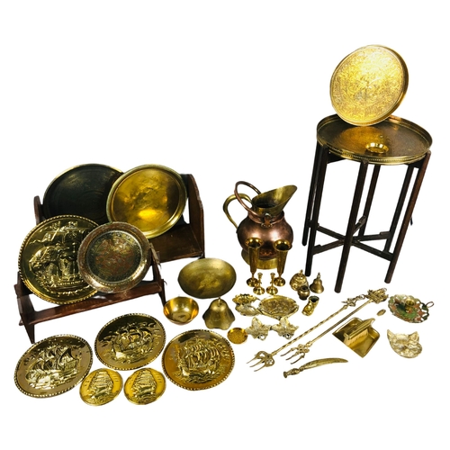 47 - Large collection of brass, copper and wood. To include trays, small table and 2 book shelves