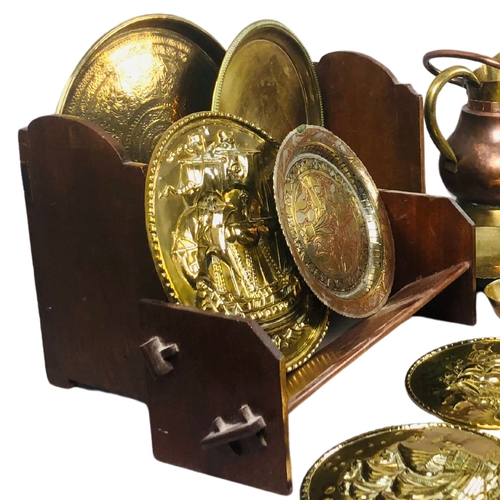 47 - Large collection of brass, copper and wood. To include trays, small table and 2 book shelves