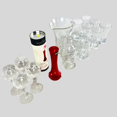 48 - Red Dartington glass stem vase and other glass items.