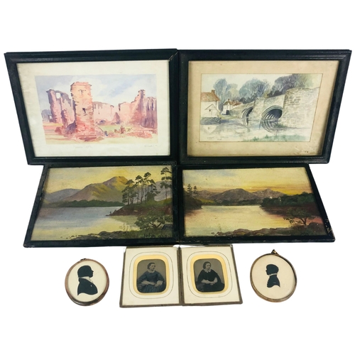 57 - Victorian and later pictures to include 2 oil paintings, 2 water colours, 2 silhouettes and 2 early ... 