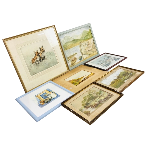 62 - Collection of water colours and prints, mainly of landscapes,